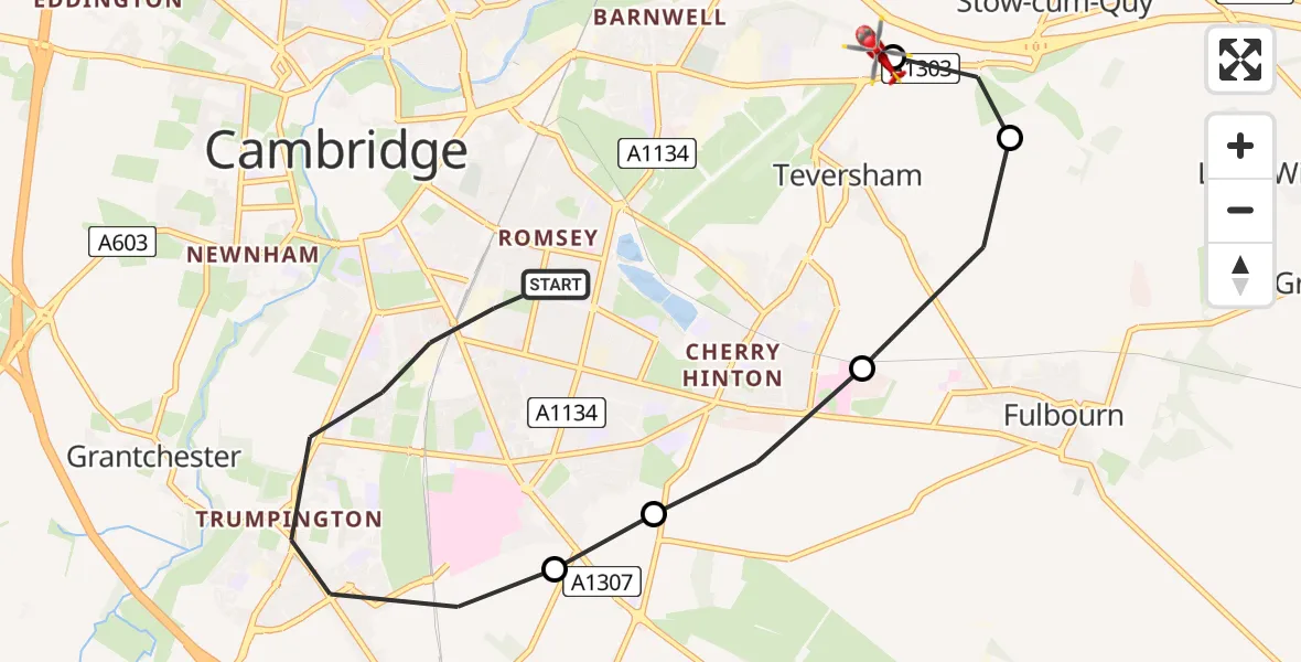 Flight route Air Ambulance Helicopter Cambridge - Fen Ditton, 29 June 2026, 15:55