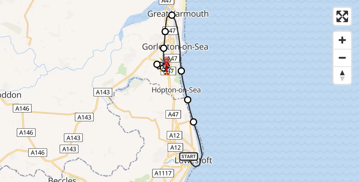 Flight route Air Ambulance Helicopter Lowestoft - James Paget Hospital, 29 June 2026, 15:56