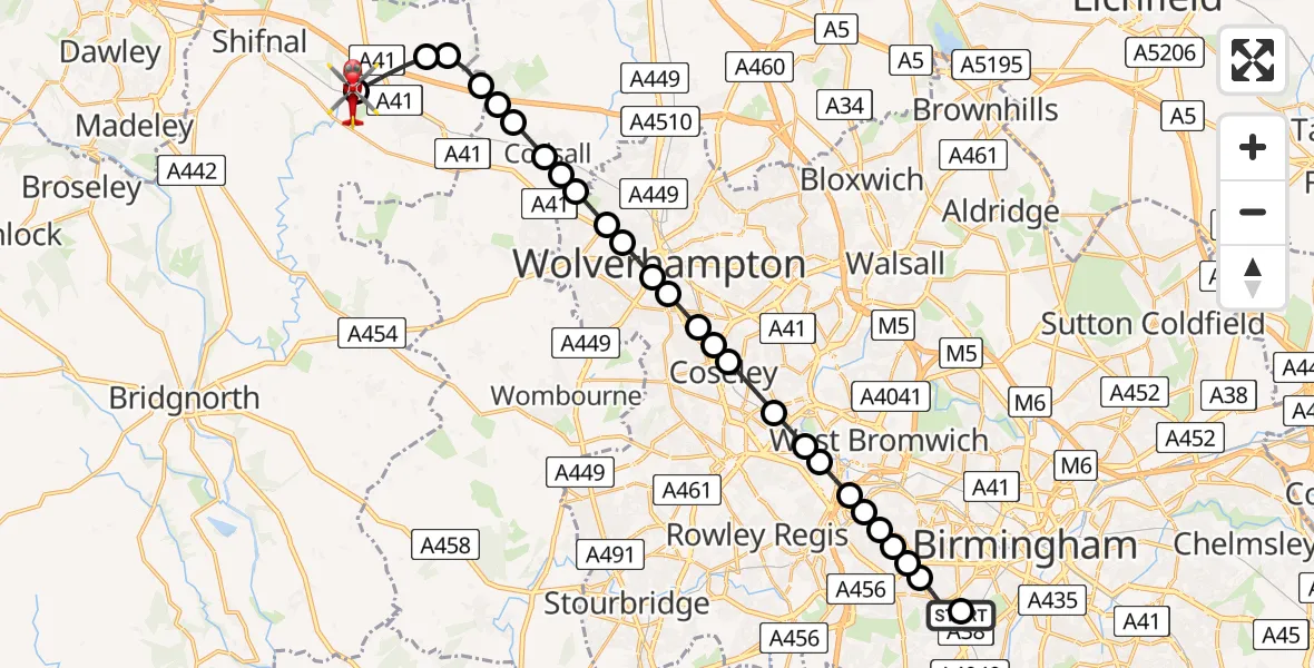 Flight route Air Ambulance Helicopter Queen Elizabeth Hospital Helipad - Cosford, 29 June 2026, 16:02
