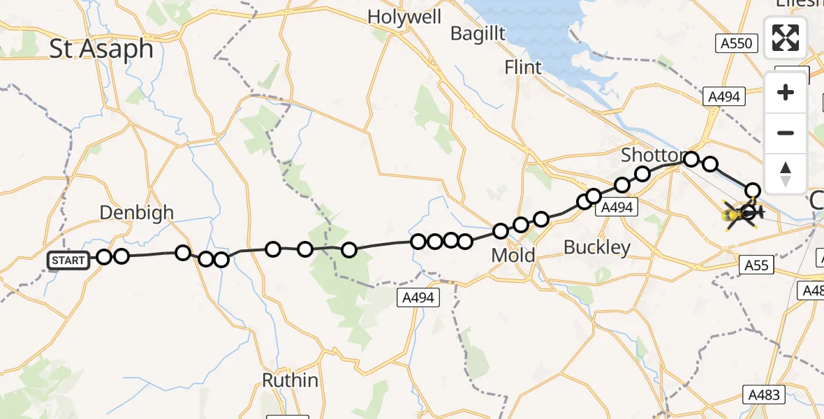 Flight route Police Helicopter Y Groes - Hawarden Airport, 29 June 2026, 16:07