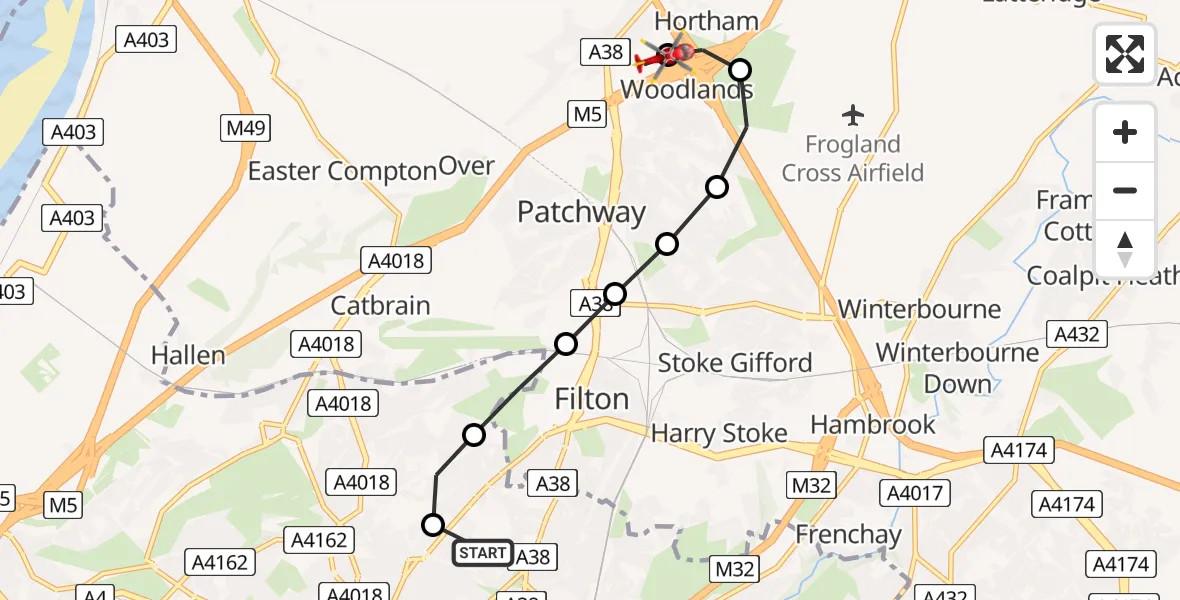 Flight route Air Ambulance Helicopter Southmead Hospital - Almondsbury Helicopter Base, 29 June 2026, 16:16