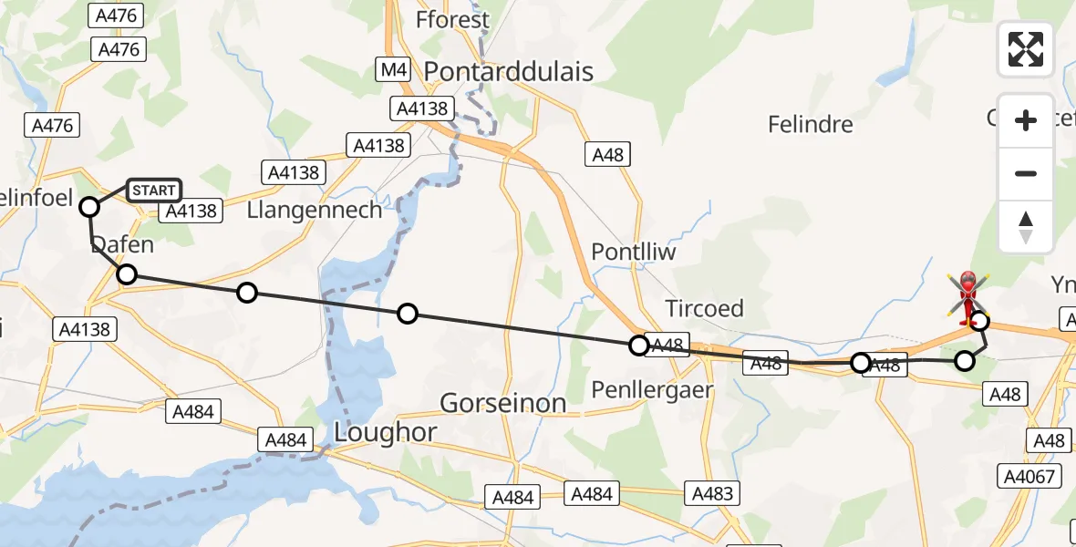 Flight route Air Ambulance Helicopter Dafen - Morriston Hospital Helipad, 29 June 2026, 16:20