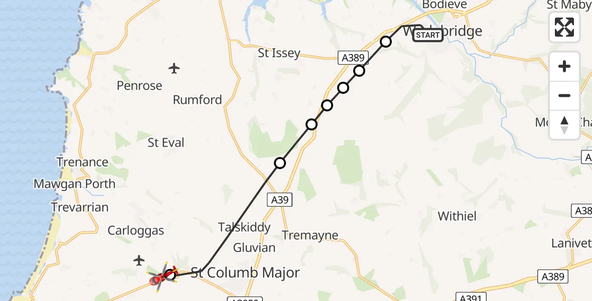 Flight route Air Ambulance Helicopter Wadebridge - Cornwall Airport Newquay, 29 June 2026, 16:22