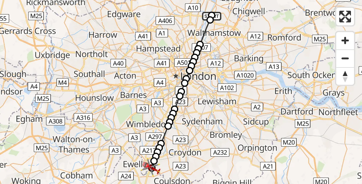 Flight route Air Ambulance Helicopter Waltham Forest - Carshalton Beeches, 29 June 2026, 16:26