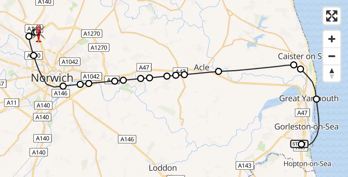 Flight route Air Ambulance Helicopter James Paget Hospital - Norwich Airport, 29 June 2026, 16:28