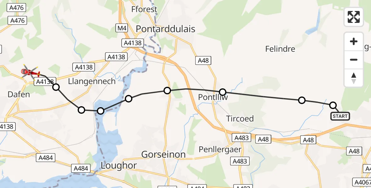 Flight route Air Ambulance Helicopter Morriston Hospital Helipad - Dafen, 29 June 2026, 16:34