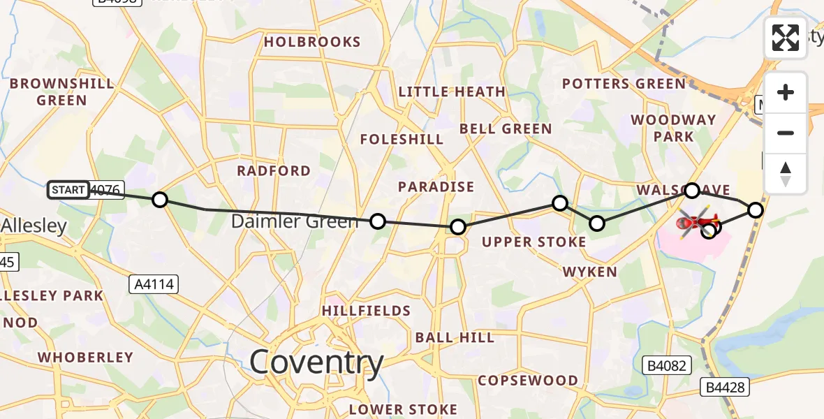 Flight route Air Ambulance Helicopter Allesley - Walsgrave, 29 June 2026, 16:41