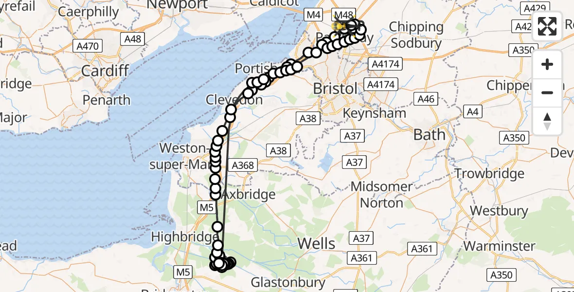 Flight route Police Helicopter Almondsbury Helicopter Base - Woodlands, 29 June 2026, 16:46