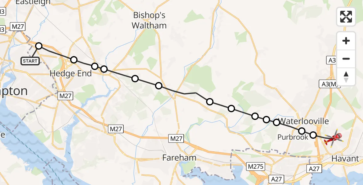 Flight route Air Ambulance Helicopter Townhill Park - Havant, 29 June 2026, 16:47