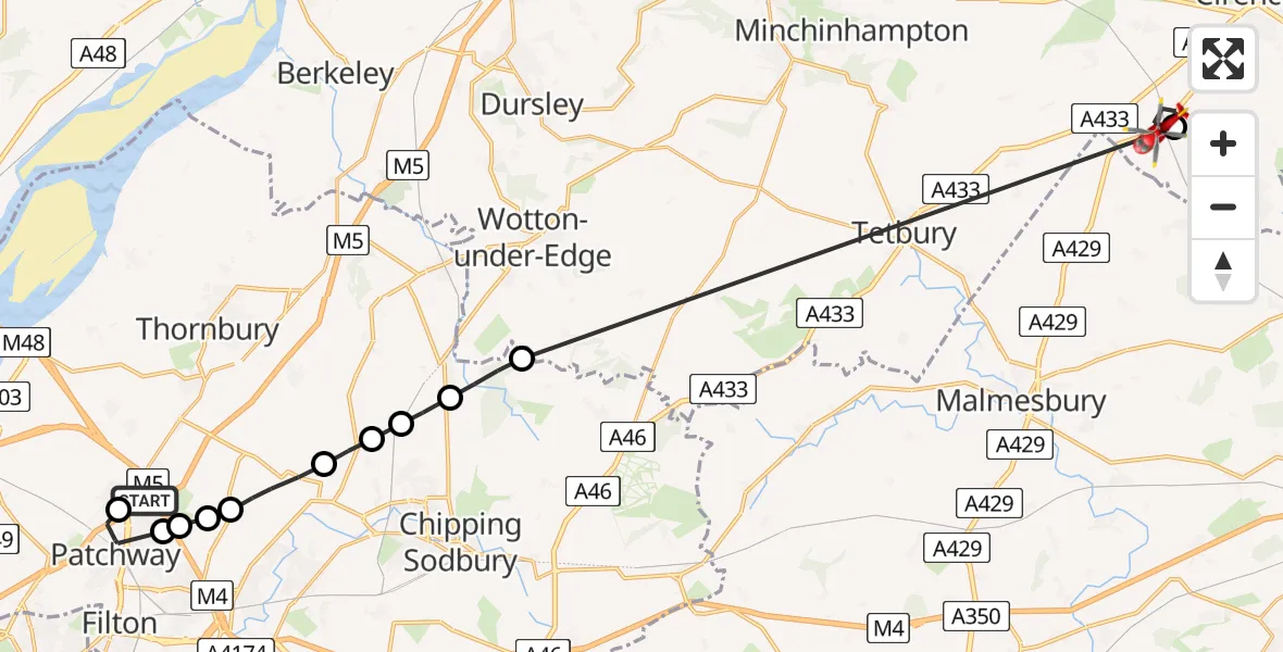 Flight route Air Ambulance Helicopter Almondsbury Helicopter Base - Kemble, 29 June 2026, 16:49