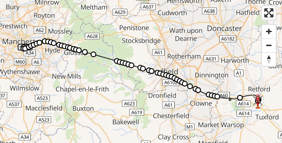 Flight route Air Ambulance Helicopter Ardwick - Retford Gamston Airport, 29 June 2026, 17:10