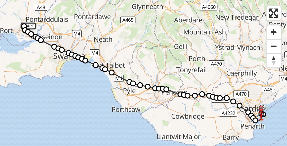 Flight route Air Ambulance Helicopter Dafen - Cardiff Heliport, 29 June 2026, 17:18