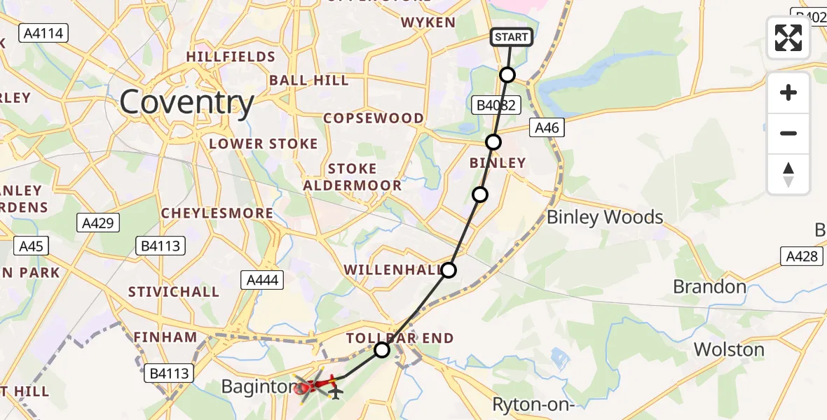 Flight route Air Ambulance Helicopter Clifford Park - Coventry Airport, 29 June 2026, 17:22