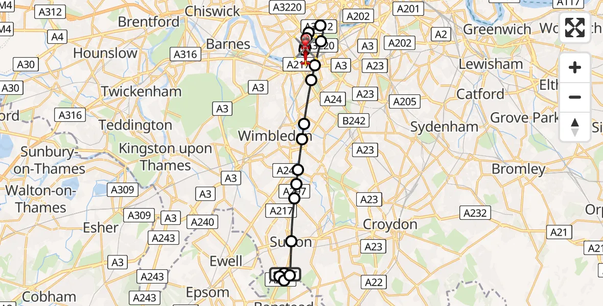 Flight route Air Ambulance Helicopter Carshalton Beeches - London Heliport, 29 June 2026, 17:25