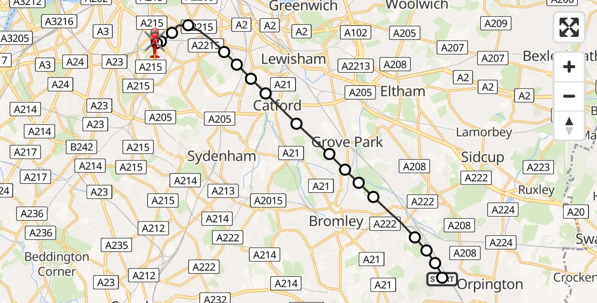 Flight route Air Ambulance Helicopter Orpington - Kings College London Hospital, 29 June 2026, 17:25