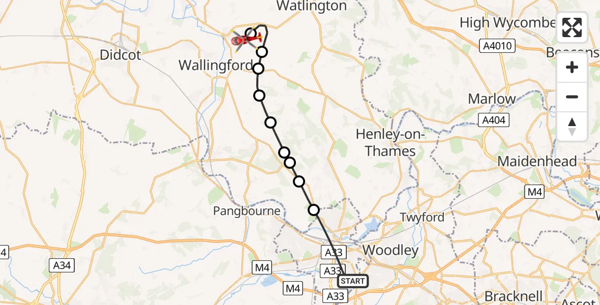Flight route Air Ambulance Helicopter Reading - RAF Benson, 29 June 2026, 17:36