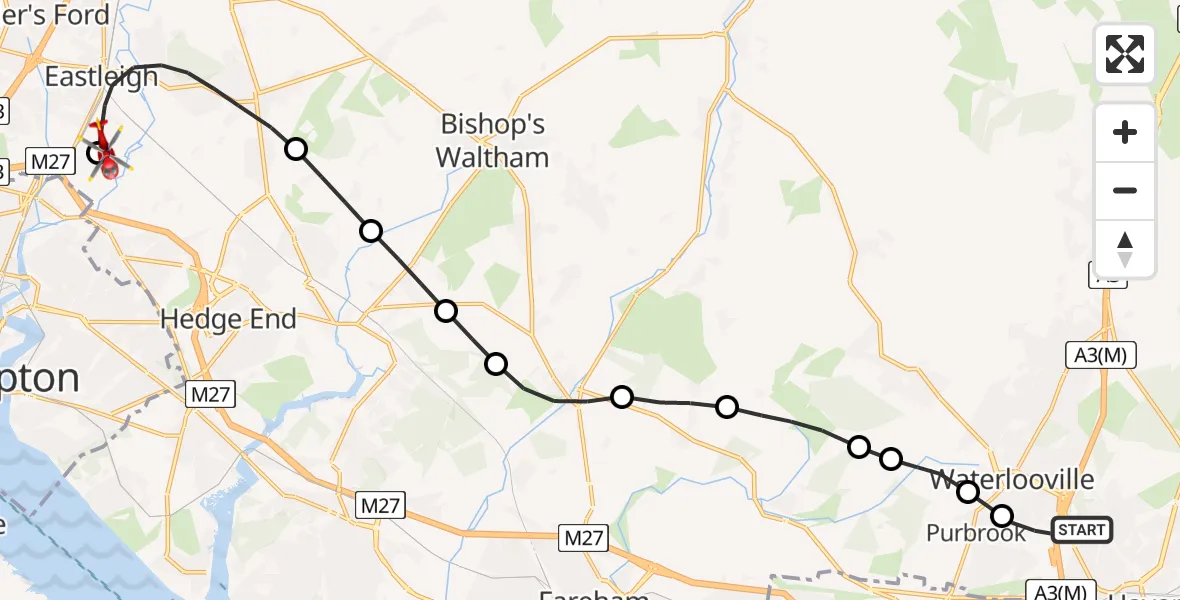 Flight route Air Ambulance Helicopter Havant - Eastleigh, 29 June 2026, 17:41
