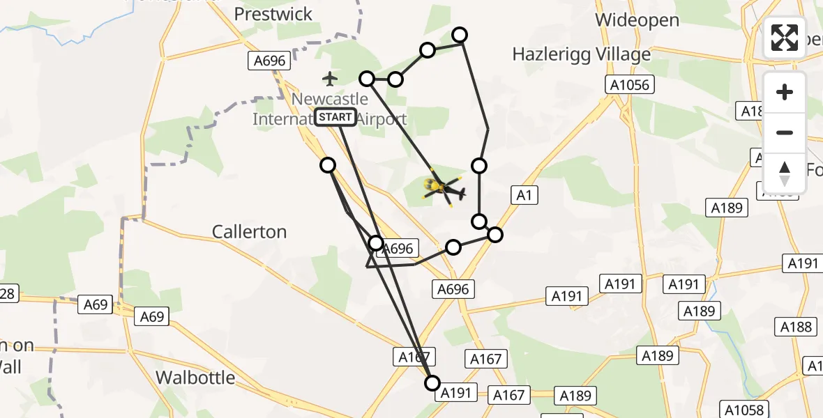 Flight route Police Helicopter Newcastle International Airport - Woolsington, 29 June 2026, 17:43