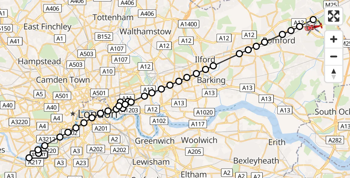 Flight route Air Ambulance Helicopter London Heliport - Harold Wood, 29 June 2026, 17:54