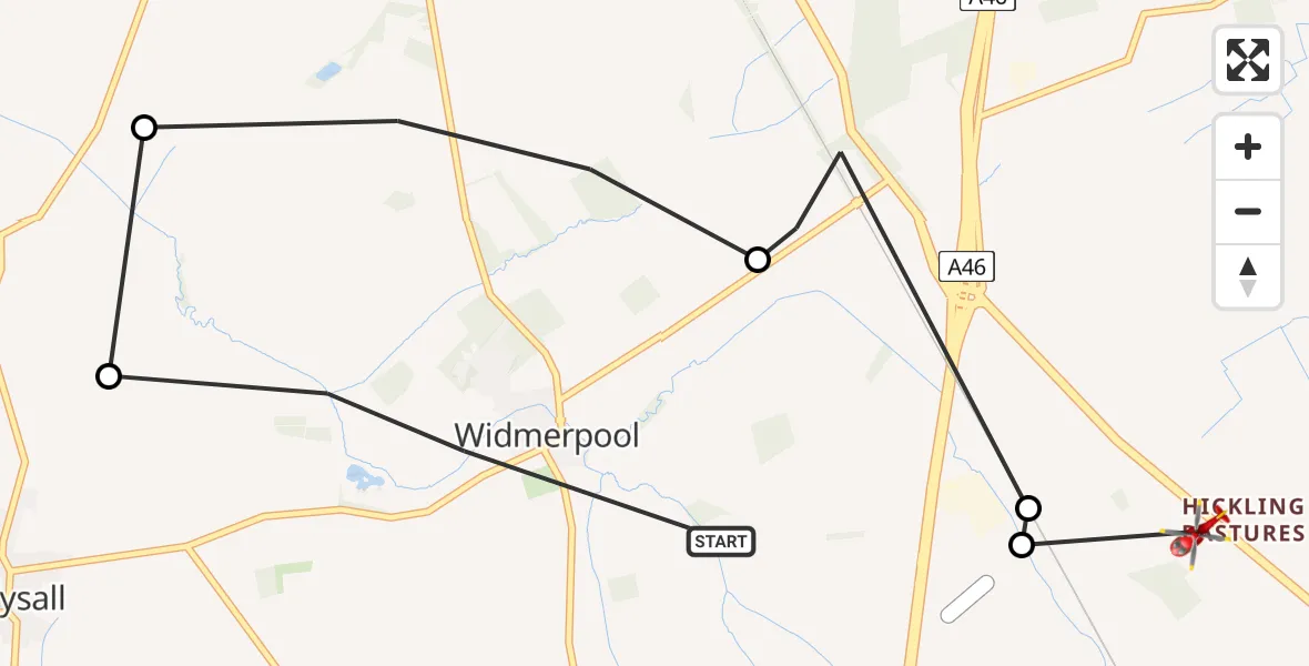 Flight route Air Ambulance Helicopter Widmerpool - Hickling, 29 June 2026, 18:02