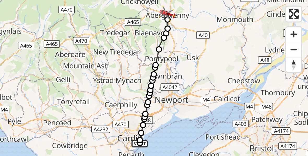 Flight route Air Ambulance Helicopter Cardiff Heliport - Abergavenny, 29 June 2026, 18:16