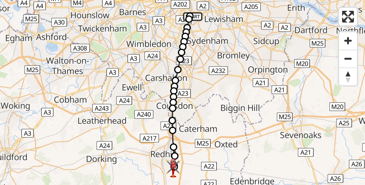 Flight route Air Ambulance Helicopter Kings College London Hospital - Redhill Aerodrome, 29 June 2026, 18:21