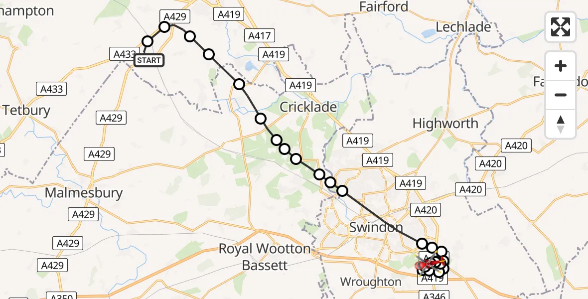 Flight route Air Ambulance Helicopter Kemble - Great Western Hospital, 29 June 2026, 18:21
