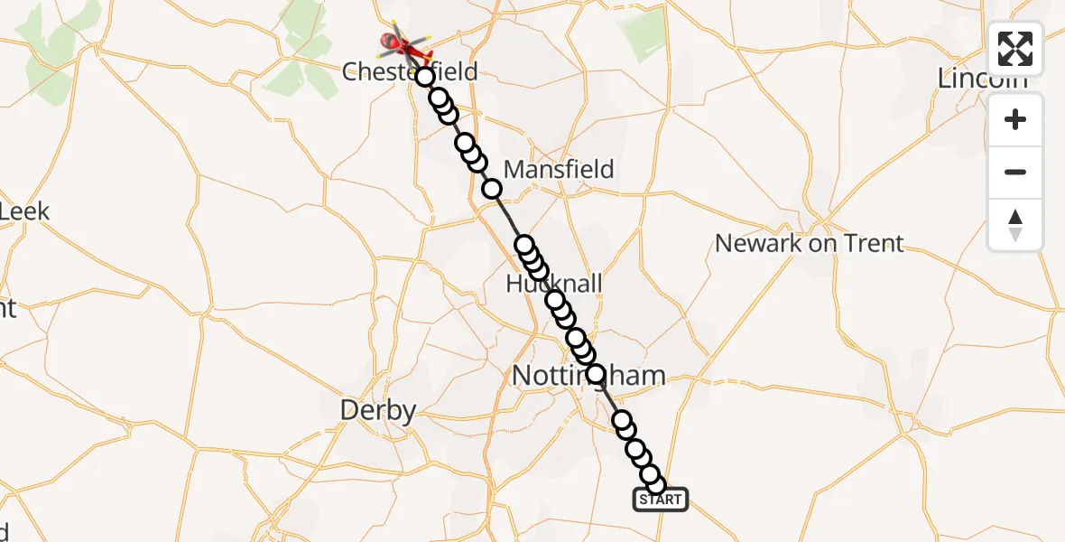 Flight route Air Ambulance Helicopter Nottingham Heliport - Chesterfield, 29 June 2026, 18:22