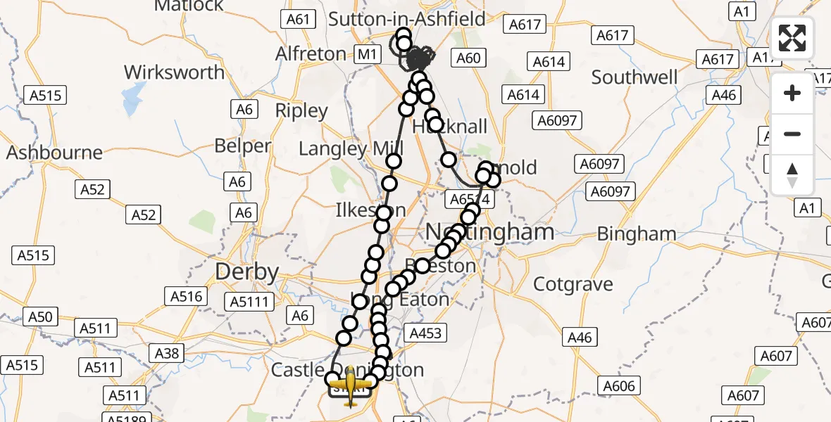 Flight route Police Aircraft East Midlands Airport - East Midlands Airport, 29 June 2026, 18:25