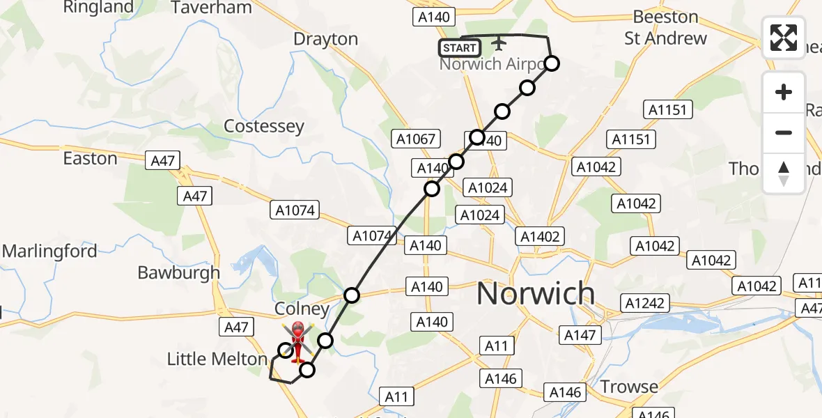 Flight route Air Ambulance Helicopter Norwich Airport - Norfolk & Norwich Hospital, 29 June 2026, 18:30