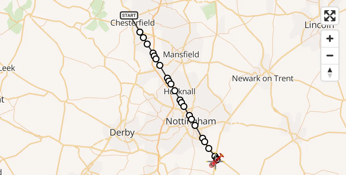 Flight route Air Ambulance Helicopter Chesterfield - Nottingham Heliport, 29 June 2026, 18:50