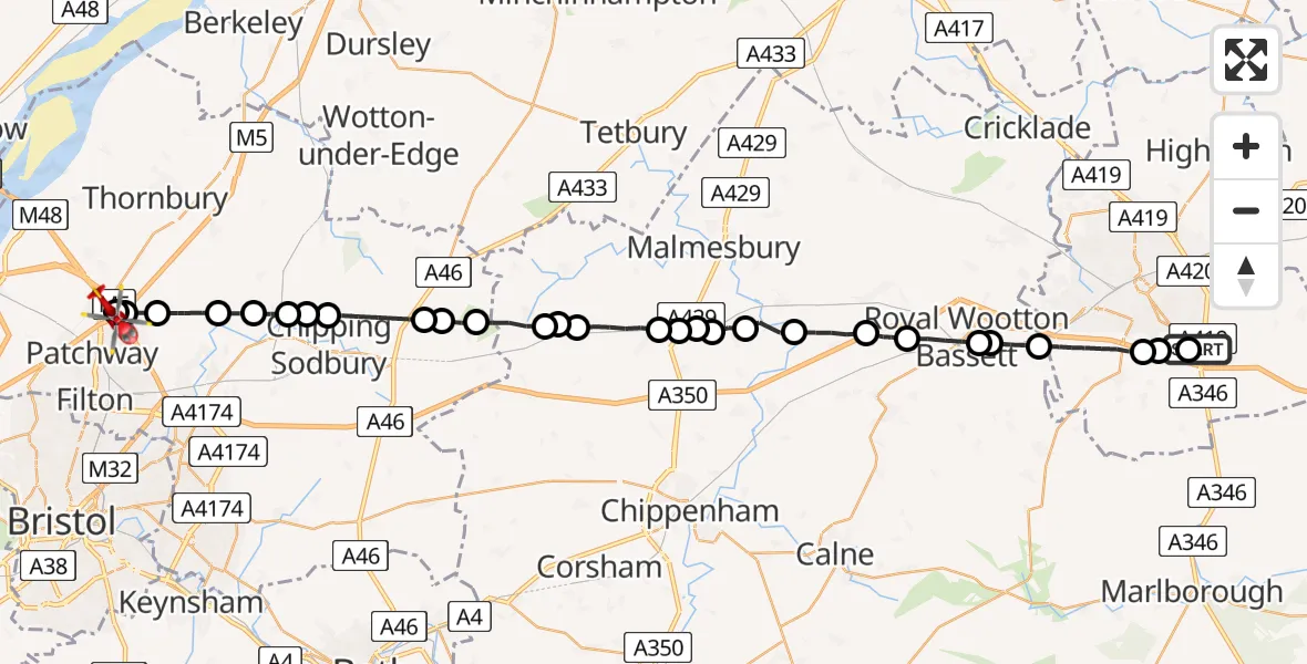 Flight route Air Ambulance Helicopter Great Western Hospital - Almondsbury Helicopter Base, 29 June 2026, 19:08