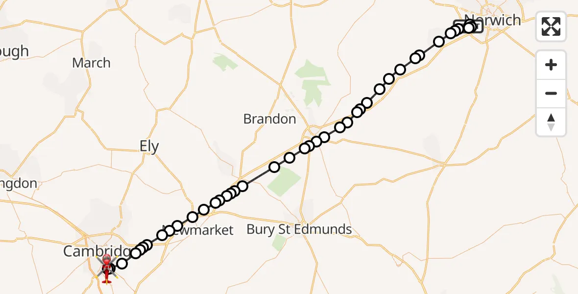 Flight route Air Ambulance Helicopter Norfolk & Norwich Hospital - Papworth Hospital, 29 June 2026, 19:15
