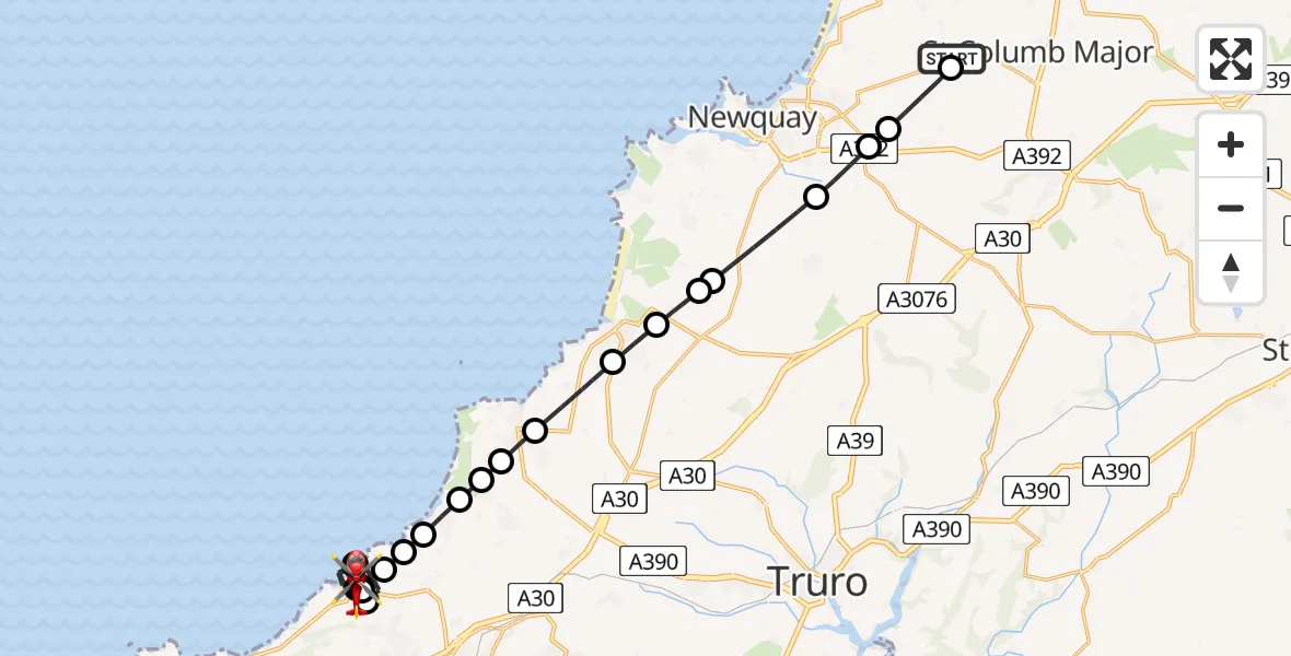 Flight route Air Ambulance Helicopter Cornwall Airport Newquay - Redruth, 29 June 2026, 19:29