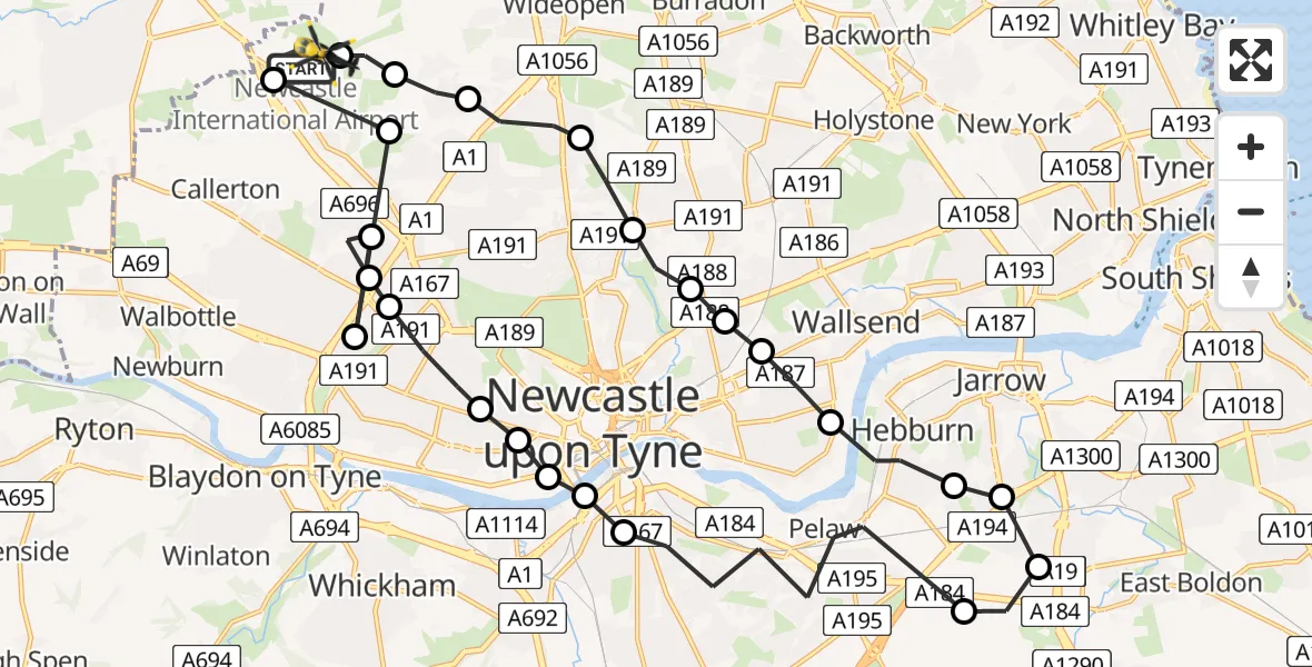 Flight route Police Helicopter Newcastle International Airport - Newcastle International Airport, 29 June 2026, 19:30