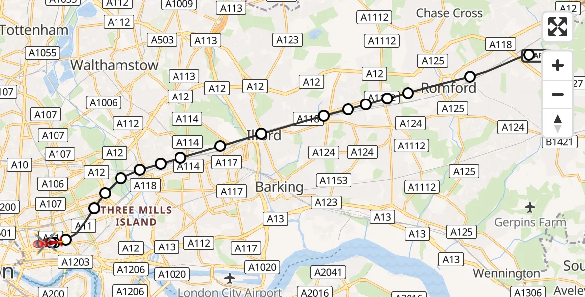 Flight route Air Ambulance Helicopter Harold Wood - Royal London Hospital, 29 June 2026, 19:32