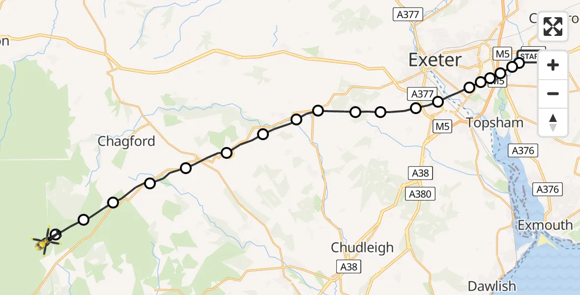 Flight route Police Helicopter Exeter International Airport - Postbridge, 29 June 2026, 19:48