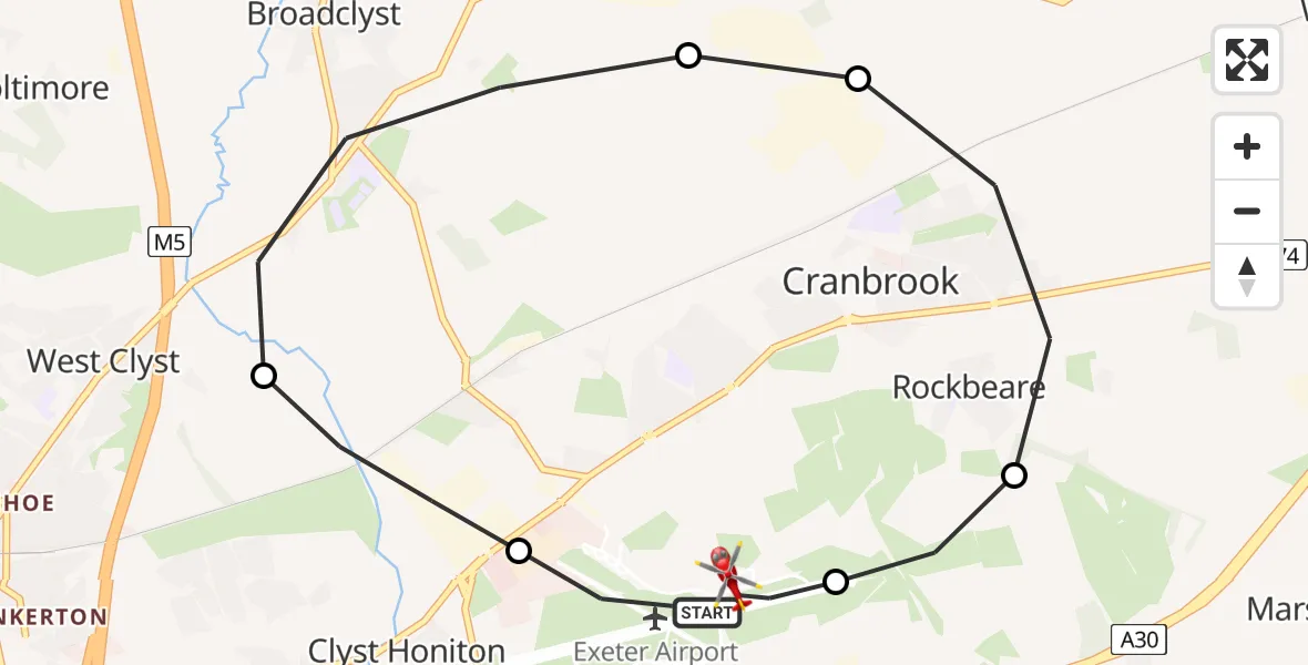 Flight route Air Ambulance Helicopter Exeter International Airport - Exeter International Airport, 29 June 2026, 19:52