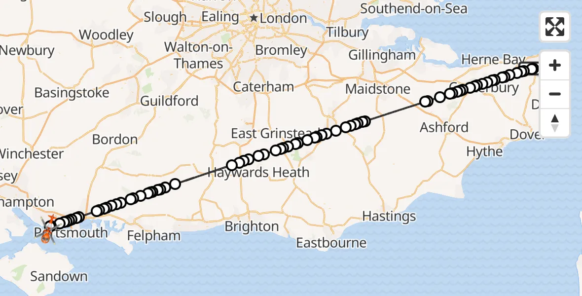 Flight route Coastguard Helicopter Manston Airport - Solent Airport, 29 June 2026, 19:52