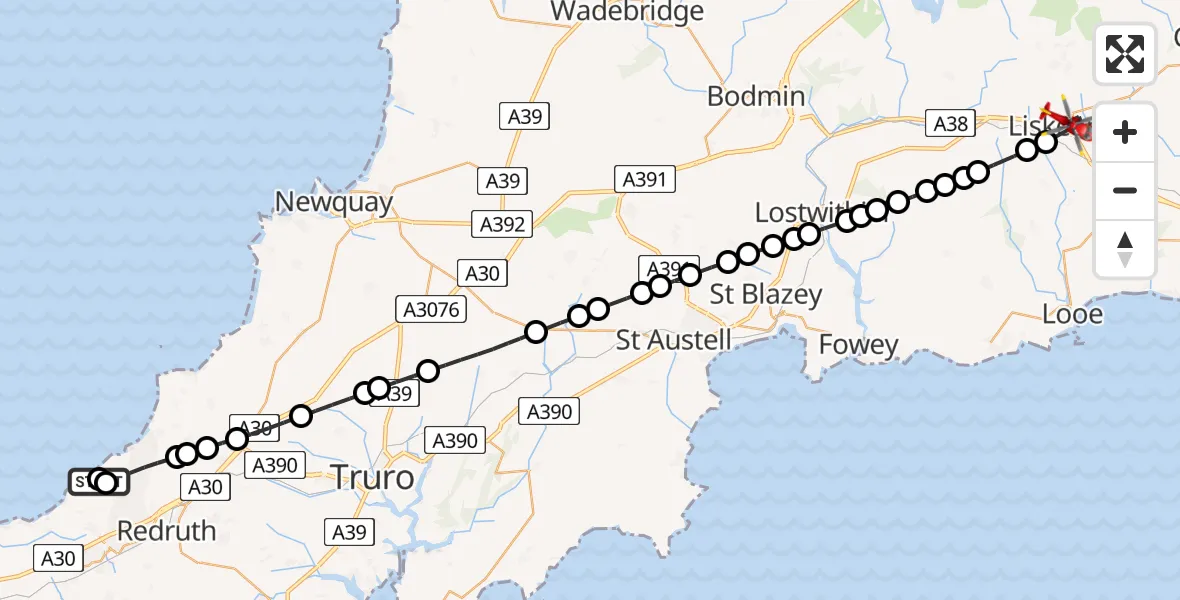 Flight route Air Ambulance Helicopter Portreath - Liskeard, 29 June 2026, 20:13