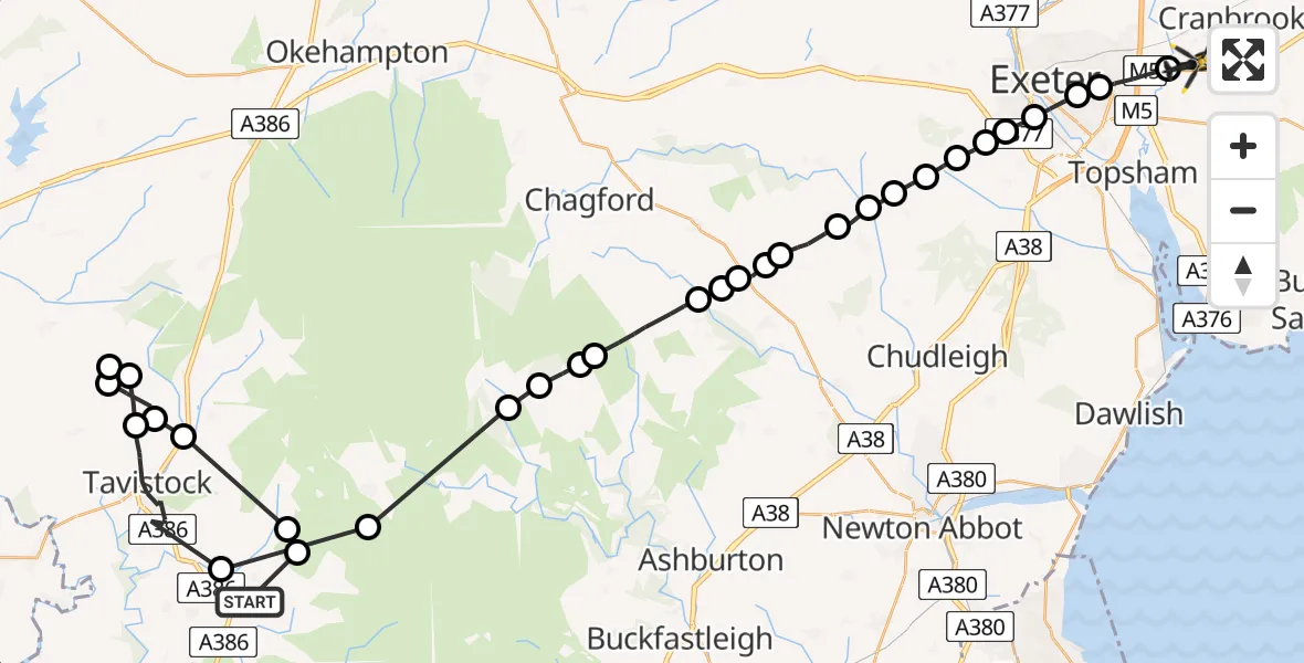 Flight route Police Helicopter Yelverton - Exeter International Airport, 29 June 2026, 20:16