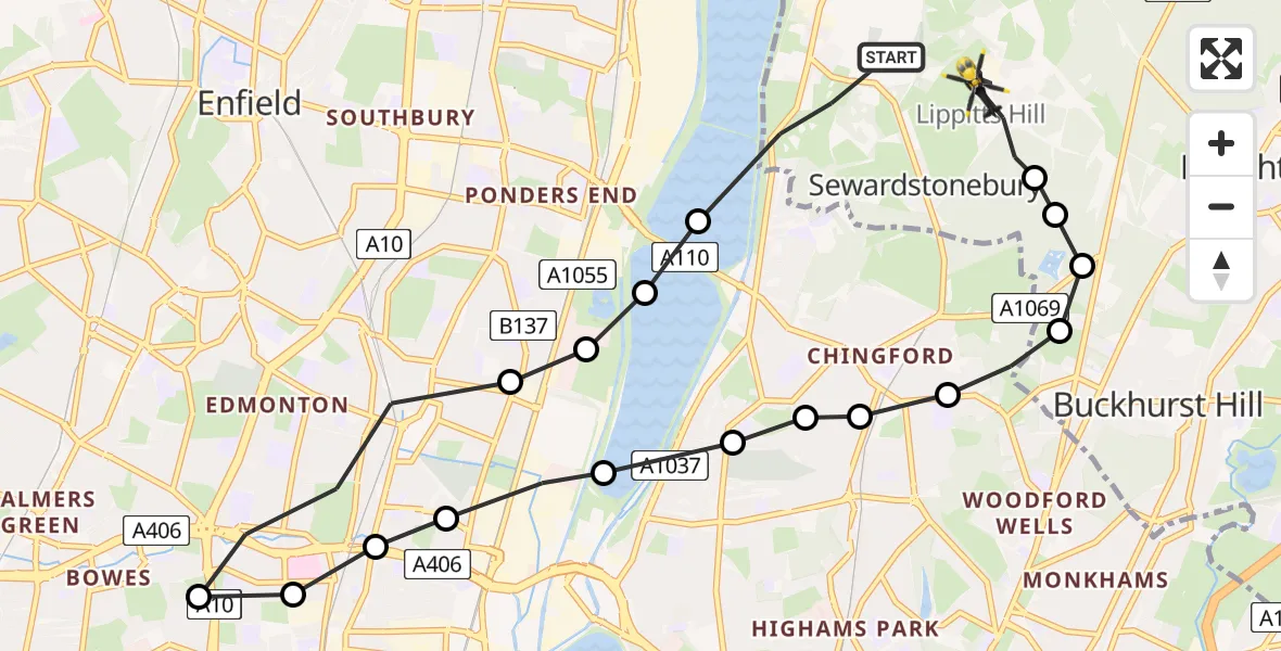 Flight route Police Helicopter Sewardstonebury - Metropolitan Police Air Support Unit Lippitts Hill, 29 June 2026, 20:19