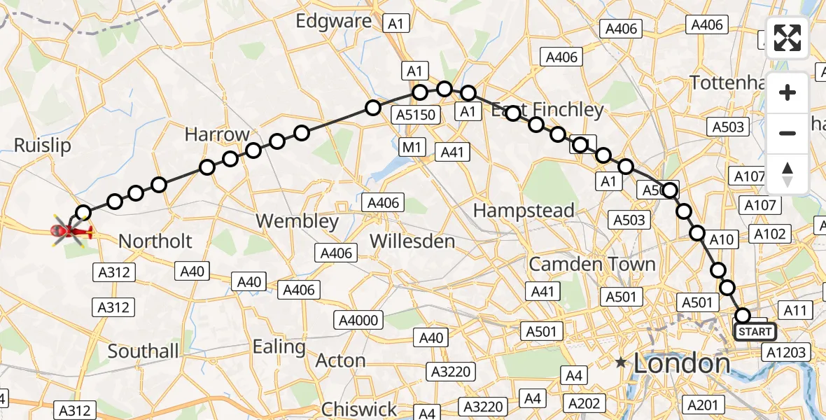 Flight route Air Ambulance Helicopter Royal London Hospital - RAF Northolt, 29 June 2026, 20:26