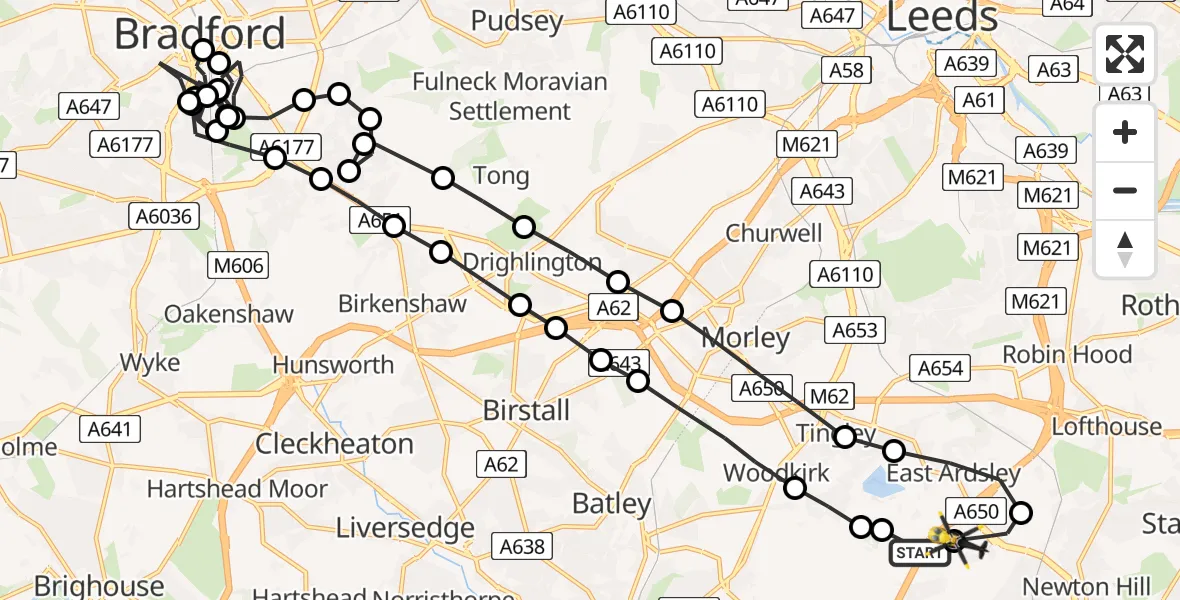 Flight route Police Helicopter East Ardsley - East Ardsley, 29 June 2026, 20:29