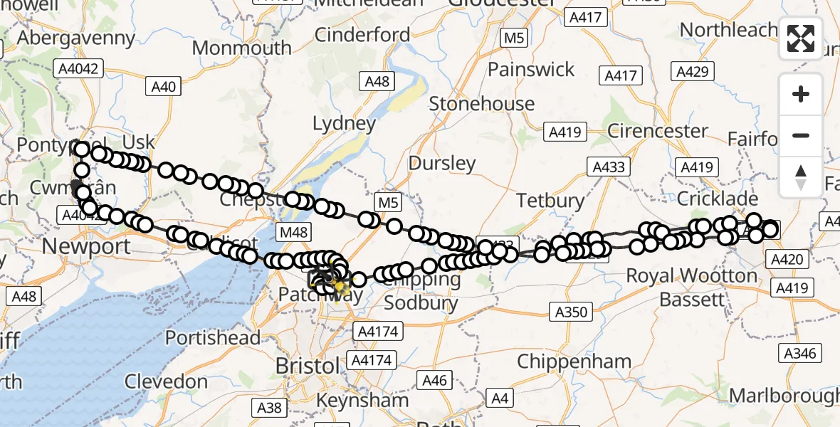 Flight route Police Helicopter Almondsbury Helicopter Base - Almondsbury Helicopter Base, 29 June 2026, 20:36
