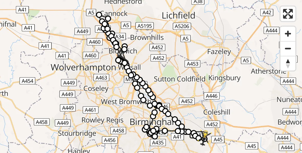 Flight route Police Helicopter Sheldon - Solihull, 29 June 2026, 20:43