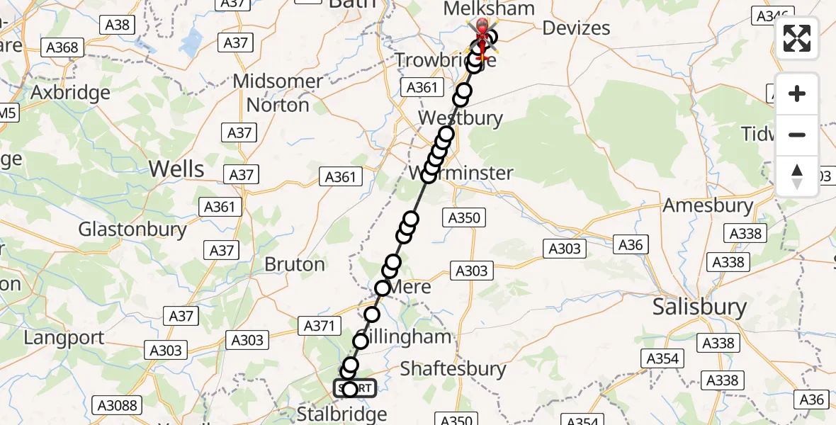 Flight route Air Ambulance Helicopter Henstridge Airfield - Semington, 29 June 2026, 20:45
