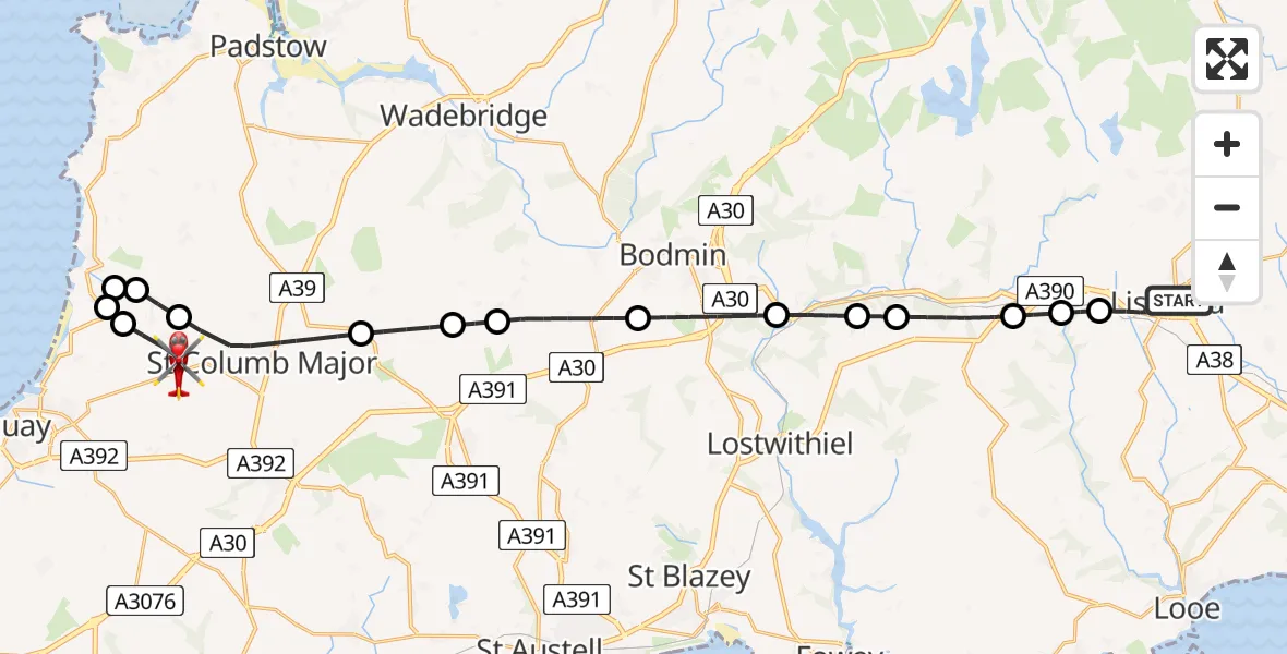 Flight route Air Ambulance Helicopter Liskeard - Cornwall Airport Newquay, 29 June 2026, 20:51