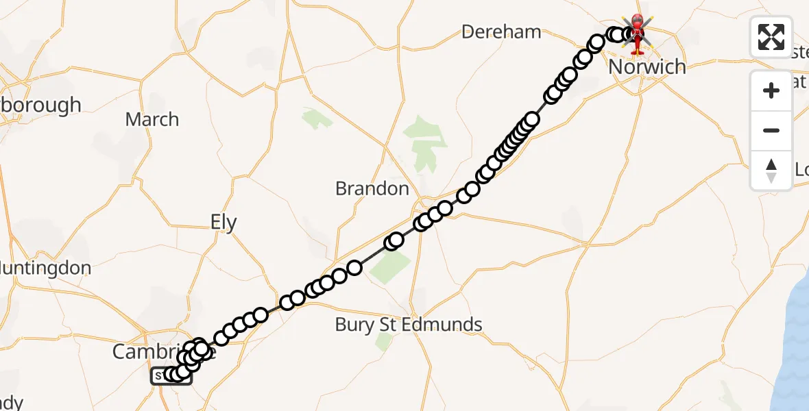 Flight route Air Ambulance Helicopter Papworth Hospital - Norwich Airport, 29 June 2026, 21:01