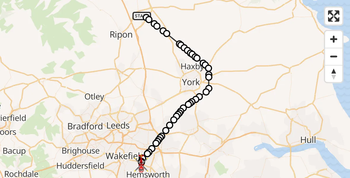 Flight route Air Ambulance Helicopter RAF Topcliffe - YAA Nostell Helicopter Port, 29 June 2026, 21:04